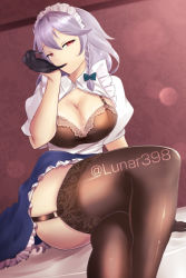 Rule 34 | 1girl, arm support, artist name, biting, black bra, black gloves, blouse, blue skirt, bra, braid, breasts, breasts out, brown thighhighs, cleavage, commentary request, crossed legs, dutch angle, feet out of frame, frills, garter straps, glove biting, gloves, hair between eyes, hand up, highres, indoors, izayoi sakuya, large breasts, lens flare, looking at viewer, lunatic (lunar398), maid, maid headdress, miniskirt, puffy short sleeves, puffy sleeves, red eyes, shirt, short hair, short sleeves, silver hair, sitting, skirt, solo, thick thighs, thighhighs, thighs, touhou, twitter username, underwear, white shirt