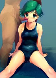 Rule 34 | 1girl, anshinmama, bad id, bad pixiv id, censored, clothed female nude male, green eyes, green hair, mosaic censoring, nude, one-piece swimsuit, penis, penis on face, short hair, solo focus, spread legs, swimsuit