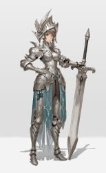 Rule 34 | 1girl, absurdres, armor, armored boots, blue eyes, boobplate, boots, breastplate, brown hair, fantasy, faulds, female knight, full body, gauntlets, grey background, hand on own hip, helmet, highres, holding, holding sword, holding weapon, knight, looking at viewer, nrcgray, original, planted, planted sword, planted weapon, plate armor, shadow, shoulder armor, solo, standing, sword, weapon