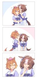 Rule 34 | 2girls, ahoge, animal ears, bow, bowtie, breasts, brown hair, closed eyes, closed mouth, comic, crown, hairband, highres, hihiqhi, horse ears, horse girl, horse tail, large breasts, laughing, medium hair, meisho doto (umamusume), mini crown, motion lines, multiple girls, notice lines, open mouth, orange hair, puffy short sleeves, puffy sleeves, purple eyes, purple shirt, sailor collar, school uniform, shirt, short hair, short sleeves, silent comic, skirt, small breasts, smile, t.m. opera o (umamusume), tail, tracen school uniform, umamusume, whispering, white skirt