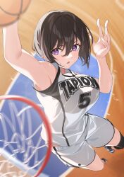 Rule 34 | 1girl, ball, basketball, basketball (object), basketball court, basketball hoop, basketball jersey, basketball uniform, black hair, blurry, blurry background, blurry foreground, breasts, commentary request, flying sweatdrops, gym shorts, hair between eyes, highres, holding, holding ball, large breasts, looking at viewer, original, parted lips, playing sports, purple eyes, shoes, short hair, shorts, sneakers, solo, sportswear, sweat, tapioka (oekakitapioka)