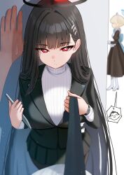 Rule 34 | 1boy, 2girls, absurdres, black hair, black nails, black necktie, black skirt, blue archive, blurry, breasts, bright pupils, buttons, depth of field, doodle sensei (blue archive), fingernails, hair ornament, hairpin, halo, highres, large breasts, long hair, looking at viewer, mijikayo, multiple girls, nail polish, necktie, open mouth, pleated skirt, red eyes, ringed eyes, rio (blue archive), sensei (blue archive), skirt, sweater, toki (blue archive), turtleneck, turtleneck sweater, watch, white pupils, white sweater, wristwatch