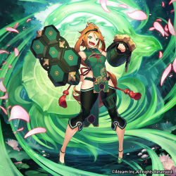 Rule 34 | 1girl, :d, ainezu, breasts, china dress, chinese clothes, covered navel, dress, flower, green background, green eyes, green footwear, hairband, high heels, highres, lily (flower), lily pad, long hair, looking at viewer, medium breasts, official art, open mouth, orange hair, pants, pigeon-toed, shield, shoes, smile, solo, standing, tassel, valkyrie connect, very long hair, watermark