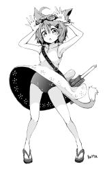 Rule 34 | 1girl, animal ears, armpits, batta (kanzume quality), cat ears, cat tail, greyscale, looking at viewer, monochrome, original, school swimsuit, simple background, solo, swimsuit, swimsuit under clothes, tail, water gun, white background