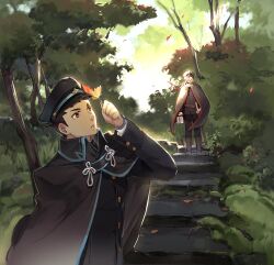 Rule 34 | ace attorney, black cape, black eyes, black hair, black headwear, black jacket, black pants, brown footwear, buttons, cape, chinese commentary, commentary request, forest, full body, hand up, hat, highres, holding, holding leaf, jacket, kazuma asogi, leaf, long sleeves, looking up, male focus, mok kongbai, nature, outdoors, pants, peaked cap, ryunosuke naruhodo, short hair, stairs, standing, the great ace attorney, tree