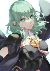 Rule 34 | 1girl, armor, black armor, black cape, breasts, byleth (female) (fire emblem), byleth (fire emblem), cape, closed mouth, commentary request, detached collar, enlightened byleth (female), expressionless, fire emblem, fire emblem: three houses, floating hair, green eyes, green hair, hair between eyes, isa (peien516), lips, long hair, looking at viewer, medium breasts, nintendo, shoulder armor, simple background, solo, white background