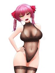 Rule 34 | 1girl, bare shoulders, black thighhighs, blush, bodystocking, breasts, collarbone, fangs, hand on own hip, head tilt, heterochromia, highres, hololive, houshou marine, large breasts, leotard, lingerie, looking at viewer, medium hair, navel, open mouth, red hair, red ribbon, ribbon, sharp teeth, shiny skin, simple background, solo, stomach, taiggerrock, teeth, thick thighs, thighhighs, thighs, twintails, underwear, virtual youtuber, white background