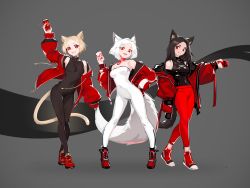 Rule 34 | 3girls, absurdres, animal ears, arm up, bare shoulders, black hair, blonde hair, bodysuit, breasts, can, cat ears, cat tail, coca-cola, collar, covered navel, deel (rkeg), fangs, fox ears, fox tail, grey background, highres, holding, holding can, jacket, leotard, long hair, looking at viewer, medium breasts, multiple girls, off shoulder, open clothes, open jacket, open mouth, original, pants, personification, red eyes, shiny clothes, short hair, smile, strapless, tail, tight clothes, tight pants, unitard, white hair