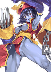 Rule 34 | 1girl, :d, armpits, blue hair, blue skin, blush stickers, breasts, chinese clothes, claws, cleavage, colored skin, cowboy shot, detached sleeves, fang, flipped hair, from below, gluteal fold, highres, jiangshi, lei lei, looking at viewer, looking down, medium breasts, ofuda, open mouth, orochi itto, partially visible vulva, red eyes, short hair, smile, solo, vampire (game)