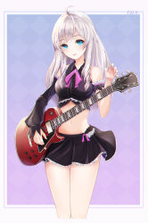 Rule 34 | 1girl, :p, absurdres, ahoge, artist name, asymmetrical clothes, bad id, bad pixiv id, bare shoulders, black skirt, blue eyes, blush, border, center frills, commentary, crop top, detached sleeves, foka (beginner), frills, gradient background, guitar, highres, holding, instrument, looking at viewer, miniskirt, navel, silver hair, simple background, skirt, sleeves past wrists, solo, soulworker, standing, stella unibell, thigh gap, tongue, tongue out