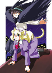 Rule 34 | animal ears, black skirt, building, capelet, cat ears, cat tail, cityscape, dress, fedora, feet out of frame, hat, holding, holding clothes, holding hat, loafers, long sleeves, maribel hearn, mob cap, necktie, night, night sky, outdoors, purple dress, shirt, shoes, skirt, sky, tail, touhou, usami renko, white shirt, wings, yuzukineko