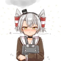 Rule 34 | 1girl, alternate hair length, alternate hairstyle, amatsukaze (kancolle), blush, cocoperino, commentary request, hair tubes, hairband, kantai collection, pout, rensouhou-kun, short hair, short twintails, silver hair, trembling, twintails, uniform, upper body, white background, yellow eyes