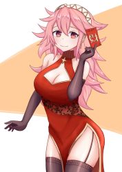 Rule 34 | 1girl, black gloves, black thighhighs, breasts, card, cleavage, cleavage cutout, clothing cutout, dress, earrings, elbow gloves, fire emblem, garter straps, gloves, hairband, highres, jewelry, large breasts, long hair, nintendo, pink hair, red dress, side slit, soleil (fire emblem), solo, thighhighs