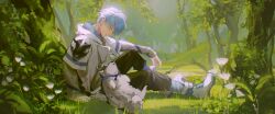 Rule 34 | 1boy, against tree, animal, bad id, bad twitter id, black pants, blue eyes, blue hair, dog, full body, grass, highres, holostars, holostars english, hood, hoodie, layered sleeves, long sleeves, looking at another, on grass, outdoors, pants, plant, regis altare, shoes, short hair, short over long sleeves, short sleeves, sitting, solo, to e, tree, virtual youtuber, white footwear, white hoodie