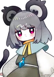 Rule 34 | 1girl, :/, animal ears, blush, capelet, dotaku (wran8845), grey hair, heart, highres, jewelry, looking at viewer, mouse ears, mouse tail, nazrin, pantyhose, pendant, red eyes, short hair, solo, tail, touhou, white background