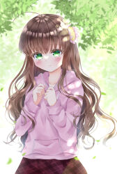 Rule 34 | 1girl, ahoge, blurry, blush, braid, brown hair, casual, clenched hands, commentary, cowboy shot, dappled sunlight, day, depth of field, eyelashes, eyes visible through hair, falling leaves, flower, green eyes, hair between eyes, hair flower, hair ornament, hands up, highres, hood, hood down, hoodie, kanbe kotori, leaf, light particles, light rays, lips, long hair, long sleeves, looking at viewer, official alternate costume, outdoors, pink flower, pink hoodie, rewrite, smile, solo, standing, sunbeam, sunlight, suzu 701kt, twin braids, very long hair, wavy hair