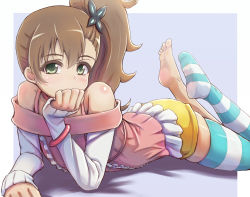 Rule 34 | 1girl, bare shoulders, barefoot, brown hair, butterfly hair ornament, chousoku henkei gyrozetter, feet, green eyes, hair ornament, head rest, heart, heart-shaped pupils, highres, inaba rinne, looking at viewer, lying, no shoes, on stomach, side ponytail, single thighhigh, solo, striped clothes, striped thighhighs, symbol-shaped pupils, thighhighs, toes, toriatto gununu