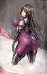 Rule 34 | 1girl, ass, black hair, bodysuit, boots, breasts, covered erect nipples, cowboy shot, cum, cum pool, elbow gloves, frown, g-string, gloves, highleg, impossible clothes, kamori sayaka, large breasts, latex, long hair, looking at viewer, original, purple eyes, rindou (radical dream), skin tight, solo, thigh boots, thighhighs, thong