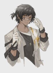 Rule 34 | 1boy, absurdres, adjusting eyewear, arknights, black hair, black shirt, closed mouth, collarbone, ear piercing, expressionless, glasses, gloves, grey background, hands up, highres, jacket, jewelry, long sleeves, looking at viewer, male focus, necklace, open clothes, open jacket, orange eyes, piercing, shirt, short hair, simple background, solo, thorns (arknights), uninhabitedisland429, upper body, white gloves, white jacket