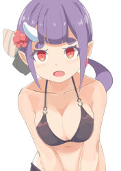 Rule 34 | 1girl, bare arms, bare shoulders, bikini, black bikini, breasts, cleavage, collarbone, fang, flower, hair flower, hair ornament, horns, medium breasts, navel, o-ring, o-ring bikini, o-ring top, open mouth, original, purple hair, red eyes, red flower, simple background, single horn, solo, surio, swimsuit, thick eyebrows, white background