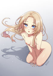 Rule 34 | 1girl, alpha (kage no jitsuryokusha ni naritakute!), artist name, blonde hair, blue eyes, blush, breasts, completely nude, elf, floating hair, from above, grey background, highres, kage no jitsuryokusha ni naritakute!, long hair, looking at viewer, mibry (phrysm), nipples, nude, open mouth, pointy ears, shadow, simple background, sitting, small breasts, solo, straight hair