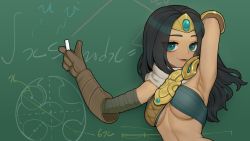 Rule 34 | 1girl, armpits, black hair, blue eyes, breasts, brown gloves, chalk, chalkboard, gloves, hand up, highres, holding, holding chalk, league of legends, looking at viewer, medium breasts, parted lips, pointing, sivir, sling bikini top, smile, solo, sparrowl, underboob, upper body
