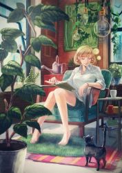 Rule 34 | 1girl, arm rest, armchair, bare legs, barefoot, black cat, blonde hair, book, book on lap, cat, chair, collared shirt, cup, drinking glass, closed eyes, facing away, flower pot, fringe trim, head tilt, indoors, ineko, knees together feet apart, light bulb, open book, open window, plant, potted plant, rug, shirt, short hair, shorts, sitting, smile, solo, table, vines, watering can, white shirt, window, wristband