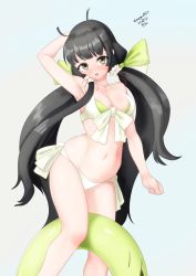Rule 34 | 1girl, absurdres, bikini, black hair, breasts, cleavage, copyright request, dated, grey eyes, hair tubes, highres, innertube, kantai collection, large breasts, long hair, looking at viewer, low twintails, maru (marg0613), mizuho (kancolle), official alternate costume, one-hour drawing challenge, sidelocks, solo, swim ring, swimsuit, twintails, twitter username, very long hair, white bikini