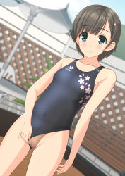 Rule 34 | 1girl, absurdres, beach umbrella, black one-piece swimsuit, blurry, brown hair, closed mouth, clothing aside, collarbone, competition swimsuit, cowboy shot, depth of field, dutch angle, fence, flat chest, floral print, green eyes, highleg, highleg swimsuit, highres, logo, looking at viewer, one-piece swimsuit, original, panties, panties under swimsuit, polka dot, polka dot panties, short hair, smile, solo, standing, swimsuit, swimsuit aside, table, takafumi, umbrella, underwear