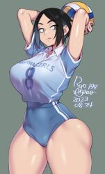 Rule 34 | 1girl, agawa ryou, artist name, averting eyes, ball, black hair, blue buruma, blue hair, blue shirt, breasts, buruma, closed mouth, clothes writing, collared shirt, colored inner hair, commentary, cowboy shot, dated, english commentary, grey background, holding, holding ball, large breasts, multicolored hair, number print, original, parted bangs, shirt, shirt tucked in, short hair, short sleeves, simple background, skindentation, solo, sportswear, thick thighs, thighs, tongue, tongue out, two-tone hair, volleyball (object), volleyball uniform, yellow eyes