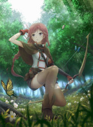 Rule 34 | 10s, 1girl, arm guards, arrow (projectile), asakurashinji, belt pouch, boots, bow (weapon), braid, breasts, brown eyes, brown footwear, brown thighhighs, bug, butterfly, capelet, dappled sunlight, day, fingerless gloves, fisheye, flower, forest, from below, full body, gloves, grass, hai to gensou no grimgar, highres, holding, holding weapon, insect, looking away, looking to the side, nature, outdoors, parted bangs, parted lips, pouch, purple eyes, quiver, red gloves, red hair, shirt, shorts, single braid, small breasts, solo, sunlight, thighhighs, weapon, white shirt, yume (grimgar)