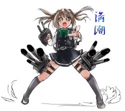 Rule 34 | 1girl, adapted turret, bad id, bad twitter id, black dress, bow, bowtie, cannon, character name, commentary request, double bun, dress, foreshortening, full body, green bow, green bowtie, grey socks, hair bun, kantai collection, kneehighs, light brown hair, long sleeves, looking at viewer, machinery, michishio (kancolle), michishio kai ni (kancolle), pinafore dress, shirt, short twintails, simple background, sleeveless dress, socks, solo, standing, torpedo, torpedo launcher, turret, twintails, udukikosuke, white background, white shirt
