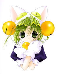 Rule 34 | 1girl, animal ears, animal hat, bell, cat ears, cat hat, closed mouth, collar, dejiko, di gi charat, gloves, green eyes, green hair, hair bell, hair between eyes, hair ornament, hat, jingle bell, koge donbo, looking at viewer, matching hair/eyes, neck bell, puffy short sleeves, puffy sleeves, short hair, short sleeves, smile, solo, upper body, white background, white gloves