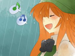 Rule 34 | 1girl, bad id, bad pixiv id, beamed quavers, bow, bowtie, braid, closed eyes, comic, female focus, hammer (sunset beach), hat, hong meiling, long hair, music, musical note, open mouth, portrait, quaver, rain, red hair, silent comic, singing, solo, speech bubble, spoken musical note, touhou, wet