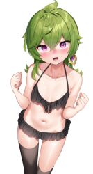Rule 34 | 1girl, bikini, black bikini, black thighhighs, blush, breasts, collei (genshin impact), frilled bikini, frills, genshin impact, green hair, highres, k mugura, open mouth, simple background, small breasts, swimsuit, thighhighs, white background
