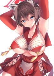Rule 34 | 1girl, absurdres, animal ears, armpits, arms behind head, blue archive, blush, breast curtains, breasts, brown hair, cleavage, collarbone, elbow gloves, gloves, hair between eyes, halo, heart, highres, large breasts, looking at viewer, nenobi (nenorium), red gloves, red sailor collar, red skirt, rope, rope belt, sailor collar, shimenawa, short hair, sideless outfit, simple background, skirt, smile, solo, sweat, tsubaki (blue archive), underboob, white background