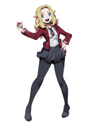 Rule 34 | 1girl, black pantyhose, blonde hair, blue eyes, breasts, creatures (company), eyebrows, game freak, genzoman, jacket, lass (pokemon), long hair, nintendo, open mouth, pantyhose, poke ball, pokemon, pokemon swsh, shirt, shoes, simple background, skirt, solo, standing, teeth, thighhighs, upper teeth only, white background