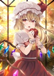 Rule 34 | 1girl, apple, ascot, blonde hair, blurry, crystal, flandre scarlet, food, fruit, fujimori shiki, hat, highres, holding, holding food, holding fruit, indoors, mob cap, one side up, open mouth, puffy sleeves, red eyes, red skirt, red vest, short sleeves, skirt, solo, sunset, touhou, vest, white hat, window, wings, wrist cuffs, yellow ascot