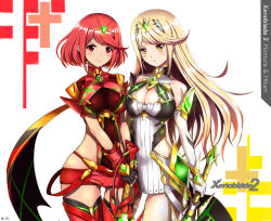 Rule 34 | 2girls, absurdres, armor, blonde hair, breasts, cleavage, cleavage cutout, clothing cutout, covered navel, dress, dual persona, gem, hair ornament, headpiece, highres, holding, holding sword, holding weapon, jewelry, kokuu no chuusa, large breasts, long hair, looking at viewer, multiple girls, mythra (xenoblade), nintendo, pyra (xenoblade), red eyes, red hair, red shorts, short hair, short shorts, shorts, shoulder armor, skindentation, smile, swept bangs, sword, thighhighs, tiara, very long hair, weapon, white background, xenoblade chronicles (series), xenoblade chronicles 2, yellow eyes