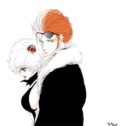 Rule 34 | 1boy, 1girl, crown, emporio ivankov, eyewear on head, fur trim, inazuma (one piece), looking at viewer, lowres, makeup, multicolored hair, one piece, orange hair, simple background, sunglasses, two-tone hair, white hair