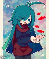 Rule 34 | 1girl, ahoge, aqua capelet, aqua eyes, aqua hair, artist name, black thighhighs, blue background, border, capelet, commission, commissioner name, fish, funamusea (artist), gradient background, hair over one eye, highres, huge ahoge, long hair, open mouth, original, pink background, red scarf, red skirt, scarf, skeb commission, skirt, thighhighs, white border