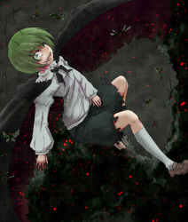 Rule 34 | 1girl, androgynous, antennae, black cape, black shorts, brown footwear, bug, cape, collared shirt, commentary request, constricted pupils, flat chest, full body, glowing, glowing eyes, green eyes, green hair, kuraito, loafers, long sleeves, looking at viewer, open mouth, red cape, red eyes, shirt, shoes, short hair, shorts, smile, socks, solo, swarm, touhou, two-sided cape, two-sided fabric, white shirt, wriggle nightbug