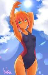 Rule 34 | 1girl, arm behind head, armpits, arms up, blue sky, breasts, cloud, commentary request, gluteal fold, green eyes, highleg, highleg swimsuit, highres, kuku (laser beamer), lens flare, medium hair, multicolored clothes, multicolored swimsuit, orange hair, original, presenting armpit, signature, sky, small breasts, solo, sun, sweat, swimsuit, tan, tanline
