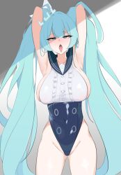 Rule 34 | 1girl, alternate breast size, aqua hair, blue archive, breasts, halo, hatsune miku, hatsune miku (blue archive), highres, jahe (73732258), large breasts, leotard, looking at viewer, simple background, solo, twintails, white background