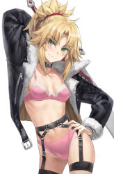 Rule 34 | 1girl, black jacket, blonde hair, bra, braid, breasts, clarent (fate), collar, collarbone, commentary, contrapposto, cowboy shot, fate/apocrypha, fate/grand order, fate (series), french braid, green eyes, highres, jacket, lace, lace-trimmed bra, lace-trimmed panties, lace trim, long hair, long sleeves, looking at viewer, mordred (fate), mordred (fate/apocrypha), navel, open clothes, open jacket, panties, parted bangs, pink bra, pink panties, ponytail, sidelocks, small breasts, smile, solo, stomach, sword, thighs, tonee, underwear, weapon