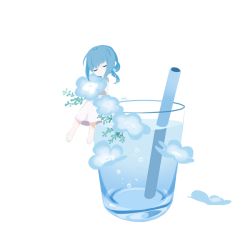 Rule 34 | 1girl, blue hair, blunt bangs, bubble, chai (drawingchisanne), closed eyes, commentary, cup, dress, drinking glass, drinking straw, flower, glass, long bangs, mini person, minigirl, nemophila (flower), original, plant, sandals, signature, simple background, solo, white background, white dress, white footwear