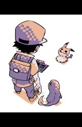 Rule 34 | 1boy, backpack, bad id, bad pixiv id, bag, baseball cap, black hair, charmander, chromatic aberration, commentary request, creatures (company), eye contact, flame-tipped tail, game freak, gen 1 pokemon, gen 7 pokemon, hat, highres, holding, holding poke ball, holding pokedex, hscatter, letterboxed, limited palette, looking at another, male focus, mimikyu, nintendo, pants, pixelated, poke ball, poke ball (basic), pokedex, pokemon, pokemon (creature), pokemon rgby, red (pokemon), shadow, short sleeves, standing, wavy mouth