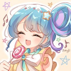 Rule 34 | 1girl, :d, ^ ^, beamed eighth notes, blue hair, blush, bow, brooch, brown background, candy, closed eyes, eighth note, facing viewer, food, hair bun, hair ornament, heart, heart hair ornament, highres, holding, holding candy, holding food, holding lollipop, jewelry, lollipop, multicolored hair, musical note, open mouth, outline, pinon (pripara), pretty series, pripara, pudding (skymint 028), purple hair, signature, single side bun, smile, solo, star (symbol), star hair ornament, streaked hair, swirl lollipop, upper body, white bow, white outline