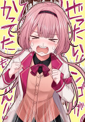 Rule 34 | &gt; &lt;, 1girl, black headband, black shirt, blazer, blush, cardigan, clenched hands, collared shirt, commentary request, crying, headband, highres, jacket, kashiwagi touko, long hair, low twintails, nijisanji, open clothes, open jacket, open mouth, pink cardigan, pink hair, school uniform, selene girls school uniform, shirt, solo, suo sango, suo sango (1st costume), twintails, virtual youtuber, white jacket