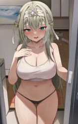 Rule 34 | 1girl, :d, absurdres, aqua eyes, artist request, bare arms, bare shoulders, black panties, breasts, cleavage, collarbone, cowboy shot, crop top, door, doorway, epic seven, grey hair, hand up, headdress, highres, indoors, large breasts, long hair, looking at viewer, navel, no pants, open mouth, panties, politis (epic seven), sex toy, shirt, sleeveless, sleeveless shirt, smile, solo, standing, stomach, string panties, taut clothes, taut shirt, thigh gap, thighs, underwear, very long hair, vibrator, white shirt